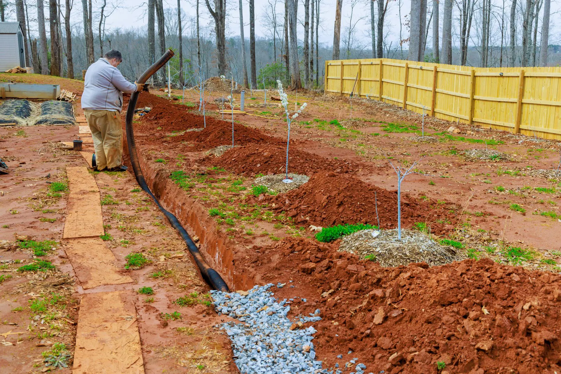 Professional landscaping installation in progress